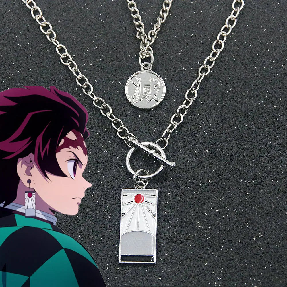 Anime Demon Slayer Kimetsu No Yaiba Necklace Kamado Tanjirou Cosplay Alloy Pendant Double Layer Chain Choker Manga Jewelry