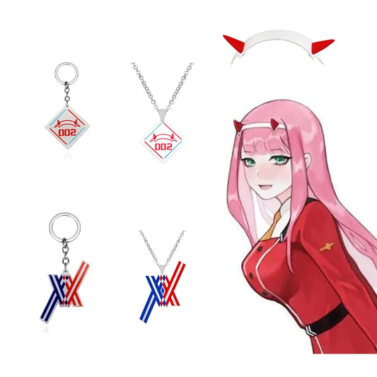 Anime DARLING in the FRANXX Zero Two Devil Horn Hair Accessories Necklace Key Chain Cosplay Fans Gifts Halloween Headwear