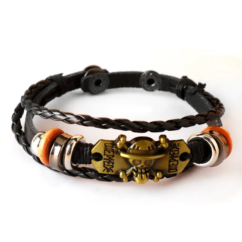 Anime One Piece Pirate Luffy Straw Hat Leather Woven Bracelet Black