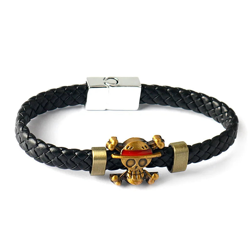 Anime One Piece Pirate Luffy Straw Hat Leather Woven Bracelet Black